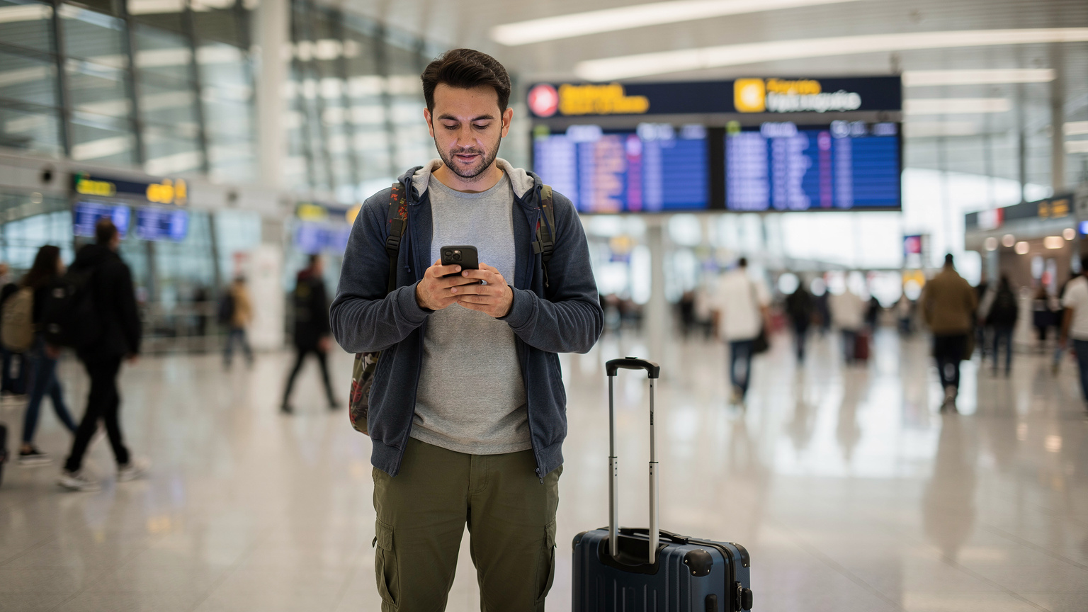 Un călător, cu o valiză lângă el, folosește o aplicație de transport pe smartphone pentru a-și confirma cursa, într-un terminal aglomerat al Aeroportului Istanbul, cu semne direcționale scrise în turcă și engleză.