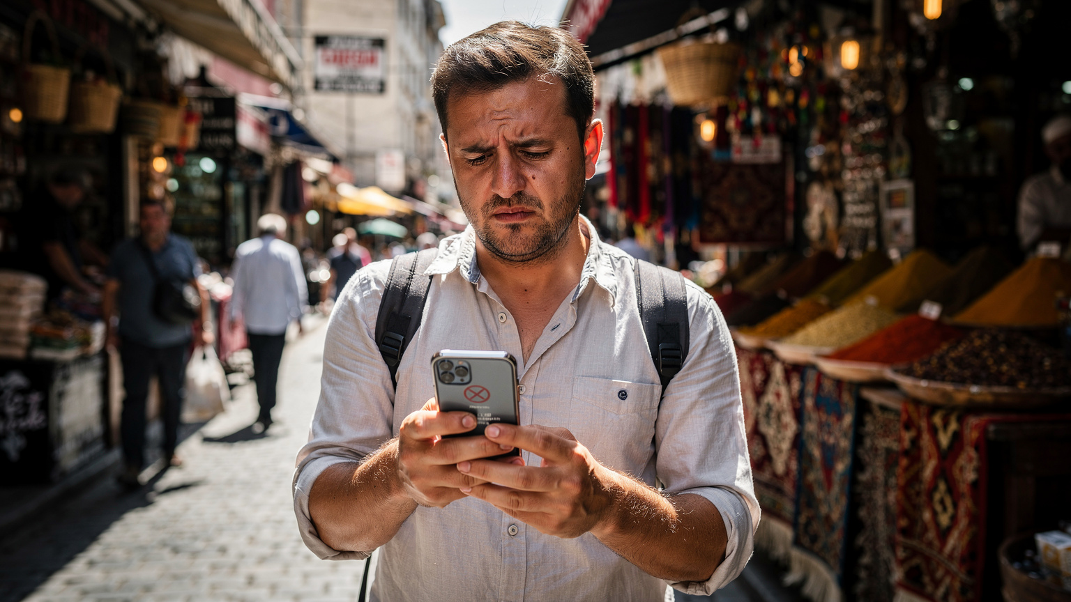 Un călător cu o expresie îngrijorată privește ecranul telefonului său, afișând un mesaj de eroare sau lipsă de semnal, într-un colț aglomerat al unei piețe turcești din districtul Fatih, cu vânzători și produse locale în fundal.