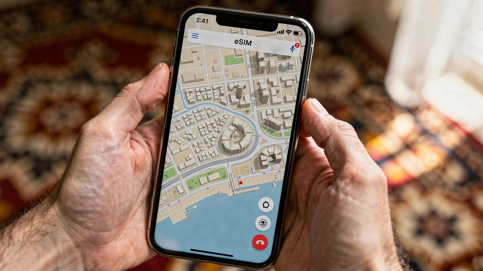 Nahaufnahme einer Hand, die auf einem Smartphone-Bildschirm eine detaillierte Karte des Stadtteils Sabayil in Baku mit aktivierter eSIM anzeigt.