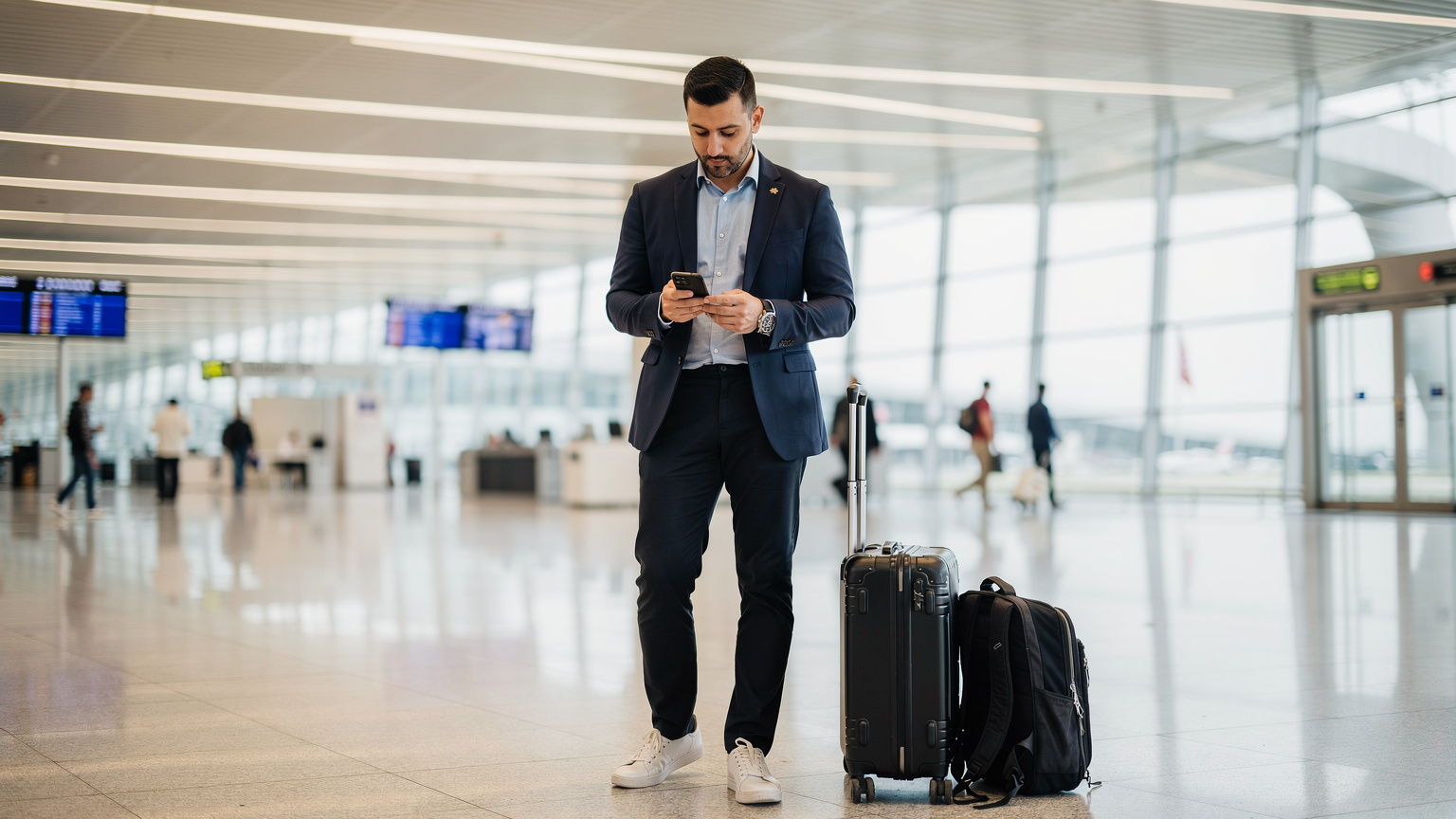 Ein Reisender am internationalen Flughafen Heydər Əliyev in Baku schaltet sein Smartphone ein, um die eSIM nach der Landung zu aktivieren.