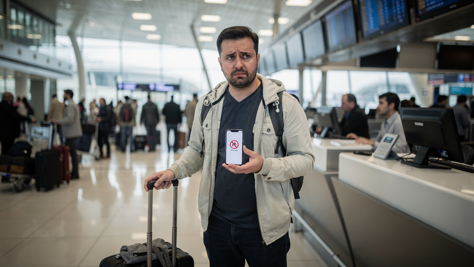Ein Reisender am Flughafen Baku sieht besorgt auf sein Smartphone, da er keine Verbindung hat.