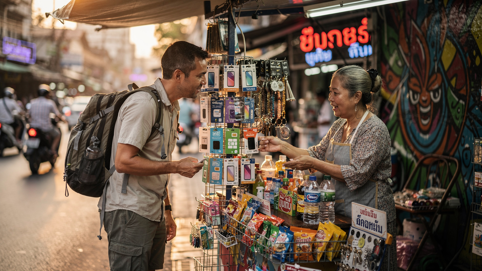 Un voyageur achète une carte SIM locale à un petit kiosque de rue animé à Bangkok, avec des enseignes en thaïlandais et des produits colorés.