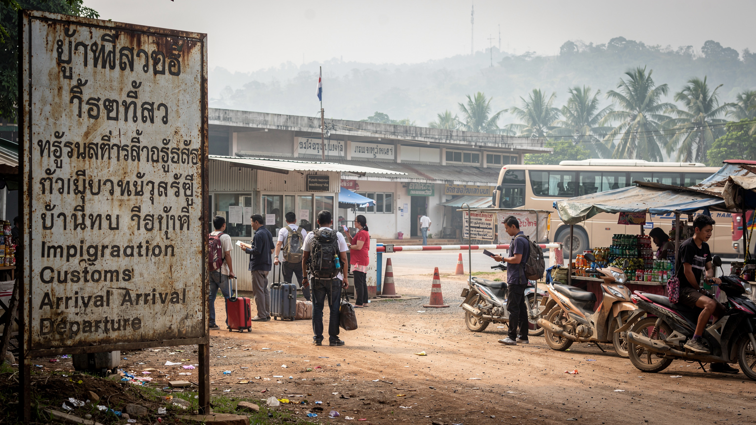 Un panneau de signalisation multilingue et des voyageurs à un poste frontière terrestre animé en Asie du Sud-Est, avec un mélange de véhicules et de piétons.