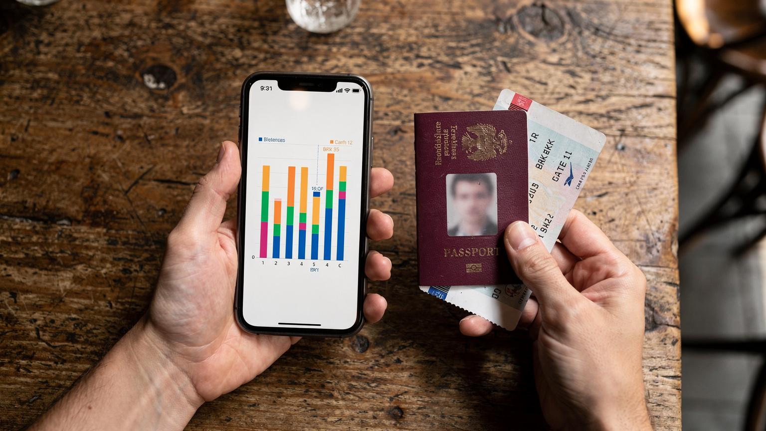 Une main tient un smartphone, affichant un écran de consommation de données, tandis que l'autre main tient un passeport et des billets d'avion sur une table de café.