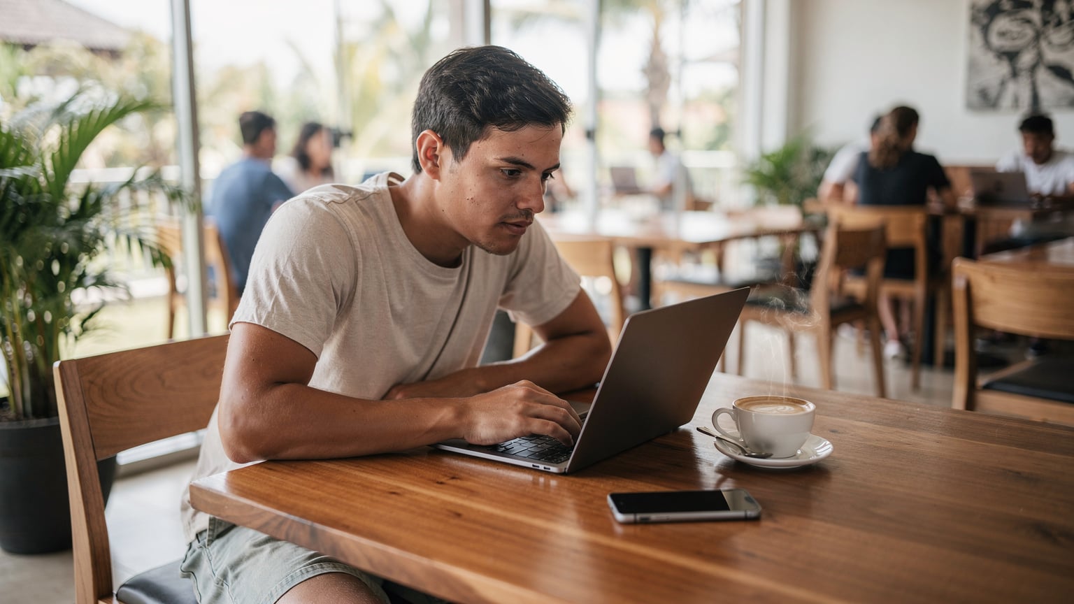 Een digitale nomade werkt geconcentreerd op een laptop in een co-working space in Canggu, Bali, met een kop koffie en een smartphone op tafel, omringd door andere werkende mensen.