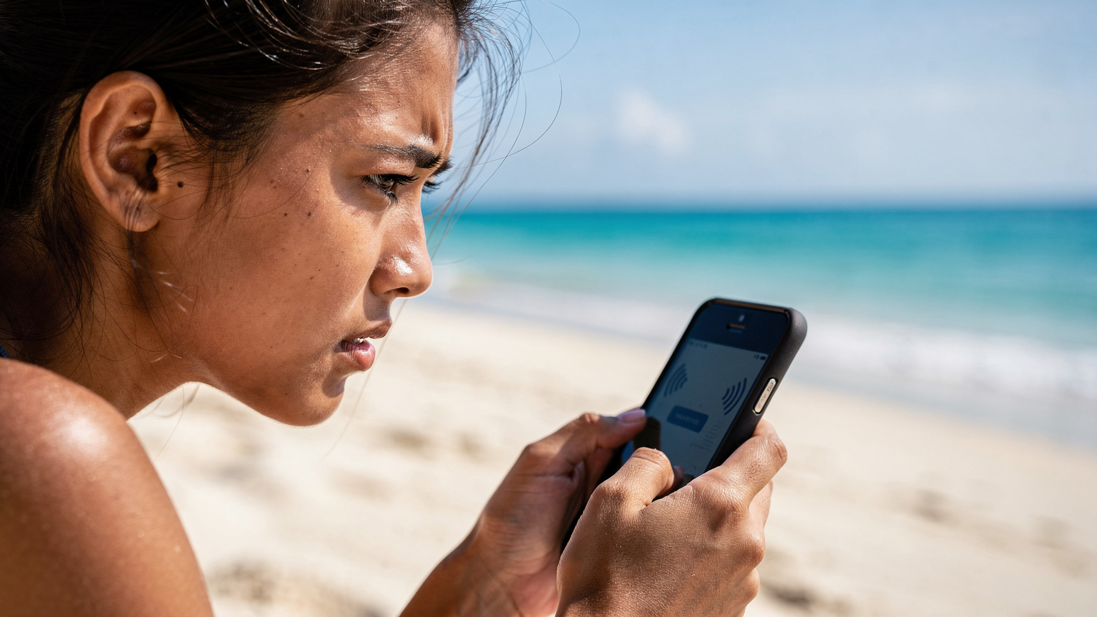 Een jonge vrouw kijkt gefrustreerd naar haar smartphone, die 'Geen Service' toont, terwijl ze op een afgelegen strand op Lombok zit met een lege blik op de horizon.