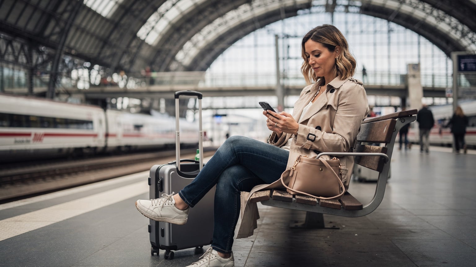 Сучасна мандрівниця перевіряє свій eSIM, сидячи на платформі берлінського вокзалу Hauptbahnhof, готуючись до поїздки на потязі Deutsche Bahn.