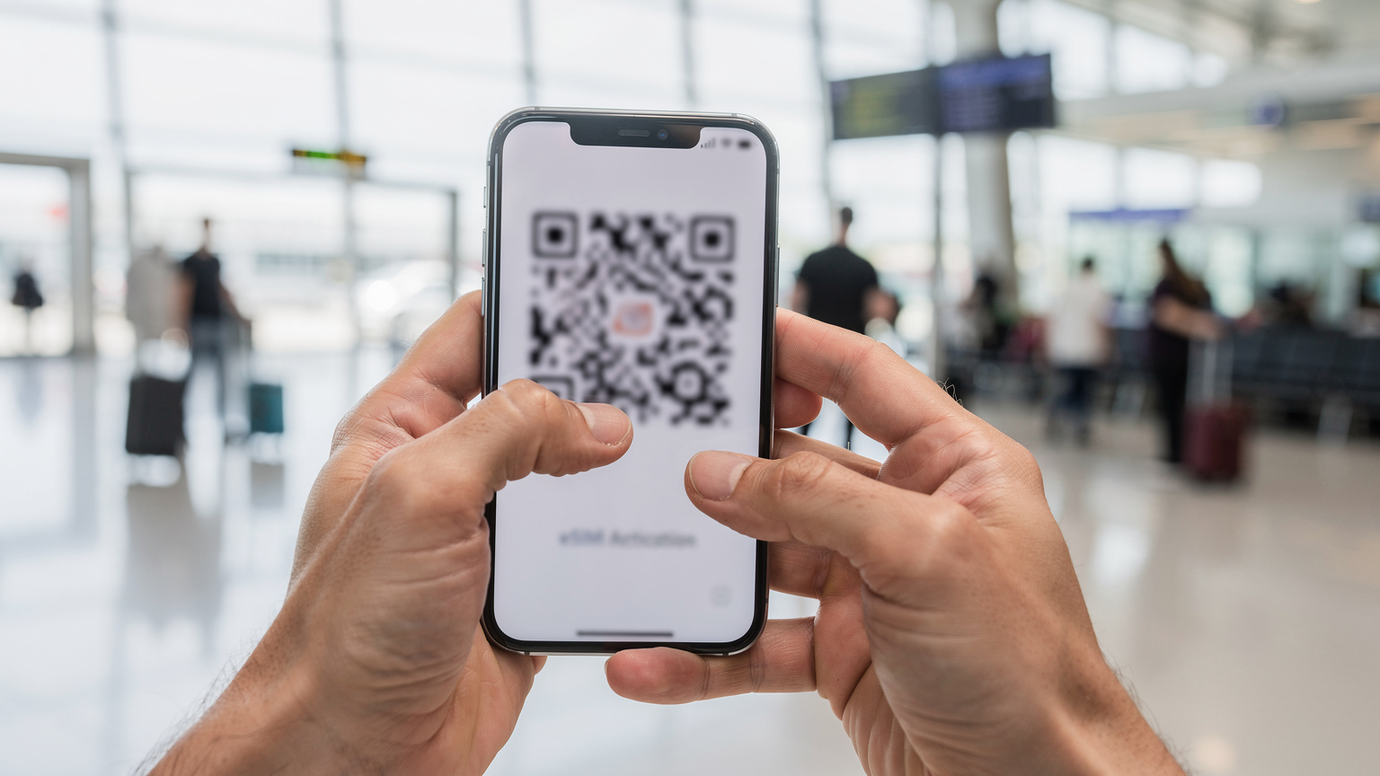 Крупний план рук, що тримають смартфон, на екрані якого відображається QR-код для активації eSIM, на задньому плані видно силуети людей та елементи сучасного аеропорту.