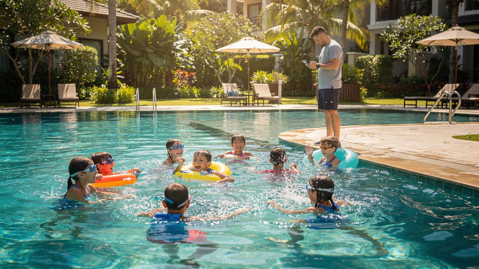 Un groupe d'enfants jouant joyeusement dans une piscine d'un hôtel familial à Phuket, tandis qu'un parent, en arrière-plan, regarde son téléphone, s'assurant de la connectivité, sous un soleil d'après-midi tropical.