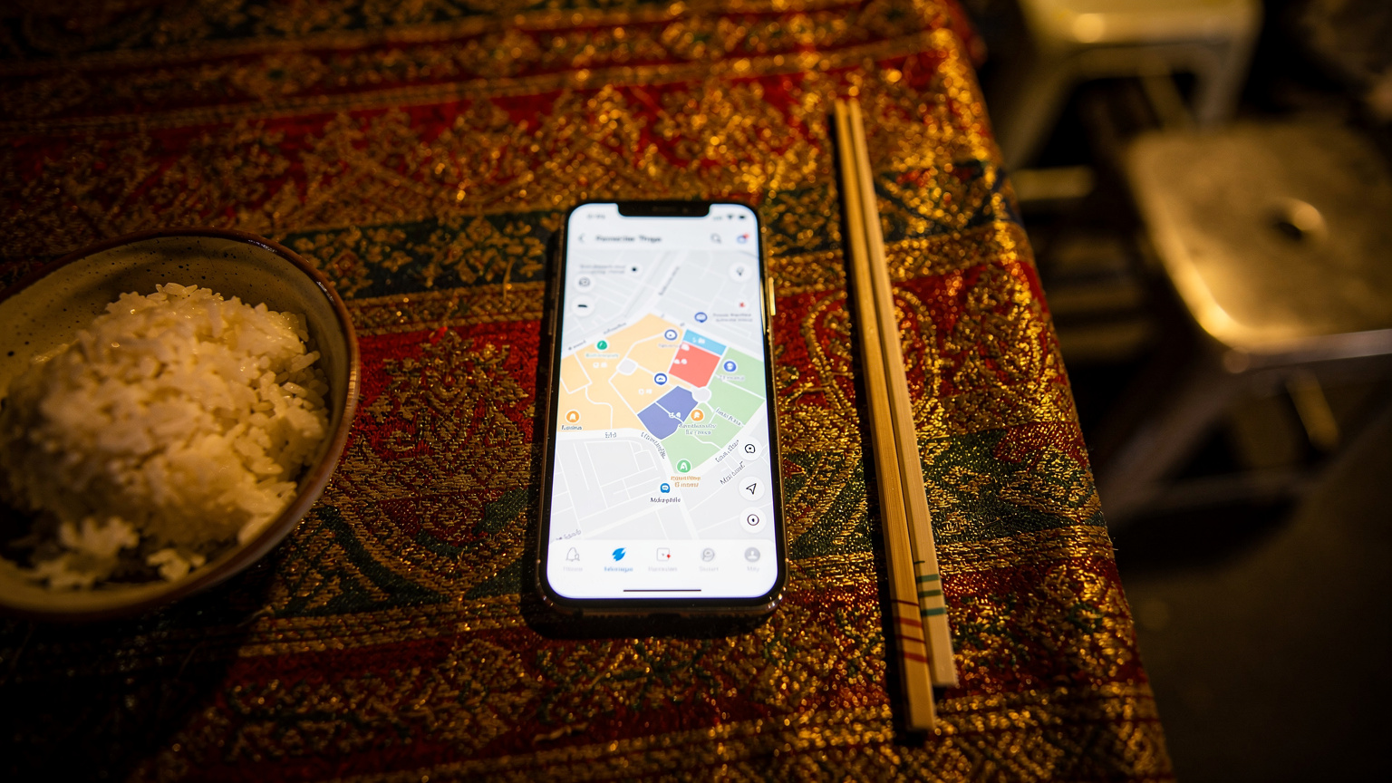 Un smartphone posé sur une nappe en tissu thaïlandais, affichant une application de localisation ou de traduction, à côté de baguettes et d'un bol de riz, dans un restaurant de rue animé de Bangkok.