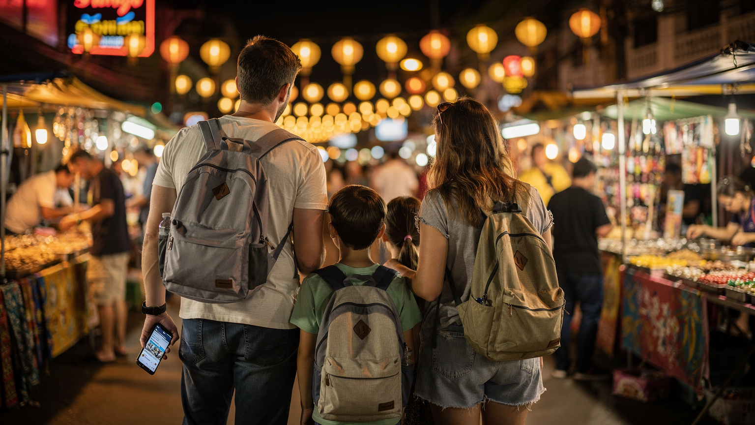 Une famille de dos observant les lumières du marché de nuit de Chiang Mai, des mobiles dans leurs mains, l'écran lumineux montrant des applications de communication et de navigation.
