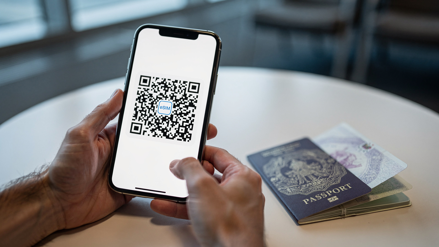 Gros plan sur des mains d'adultes tenant un smartphone affichant un QR code de configuration eSIM, avec un passeport français posé à côté sur une table d'aéroport, ambiance lumineuse et sereine.