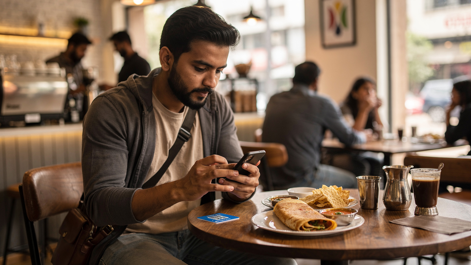 बेंगलुरु के एक व्यस्त कैफे में एक यात्री अपने मोबाइल फोन पर Vi eSIM QR कोड स्कैन कर रहा है।