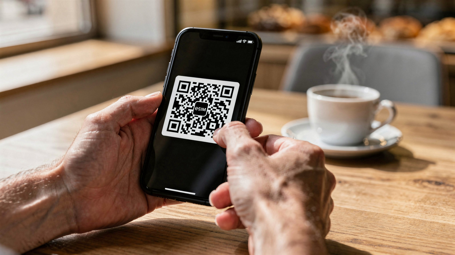 Nahaufnahme von Händen, die ein Smartphone halten, auf dem ein QR-Code für die eSIM-Aktivierung angezeigt wird, mit einer dampfenden Tasse Kaffee auf einem Holztisch im Hintergrund.