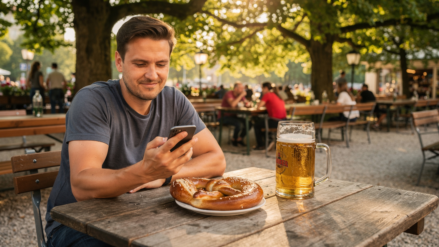 Eine Person sitzt in einem traditionellen Münchener Biergarten und nutzt ihr Smartphone, während sie eine Brezel und ein großes Bier genießt, um die entspannte Atmosphäre einzufangen.