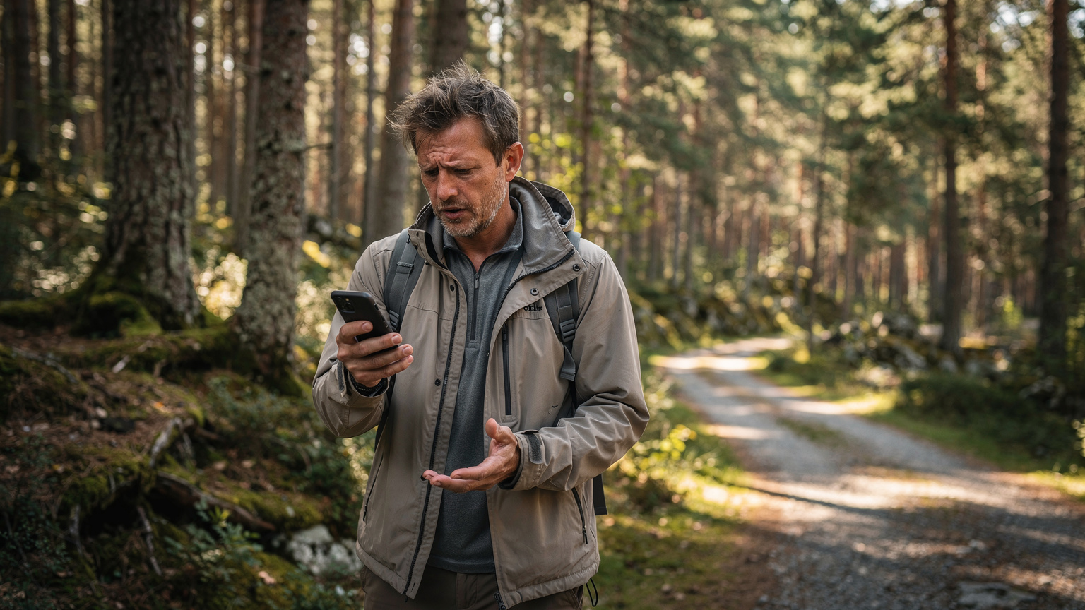 En reisende sjekker dekningen på sin smarttelefon med et bekymret uttrykk, stående i et tykt skogområde i nærheten av Lillehammer, med tette trær rundt seg og en grusvei i bakgrunnen.