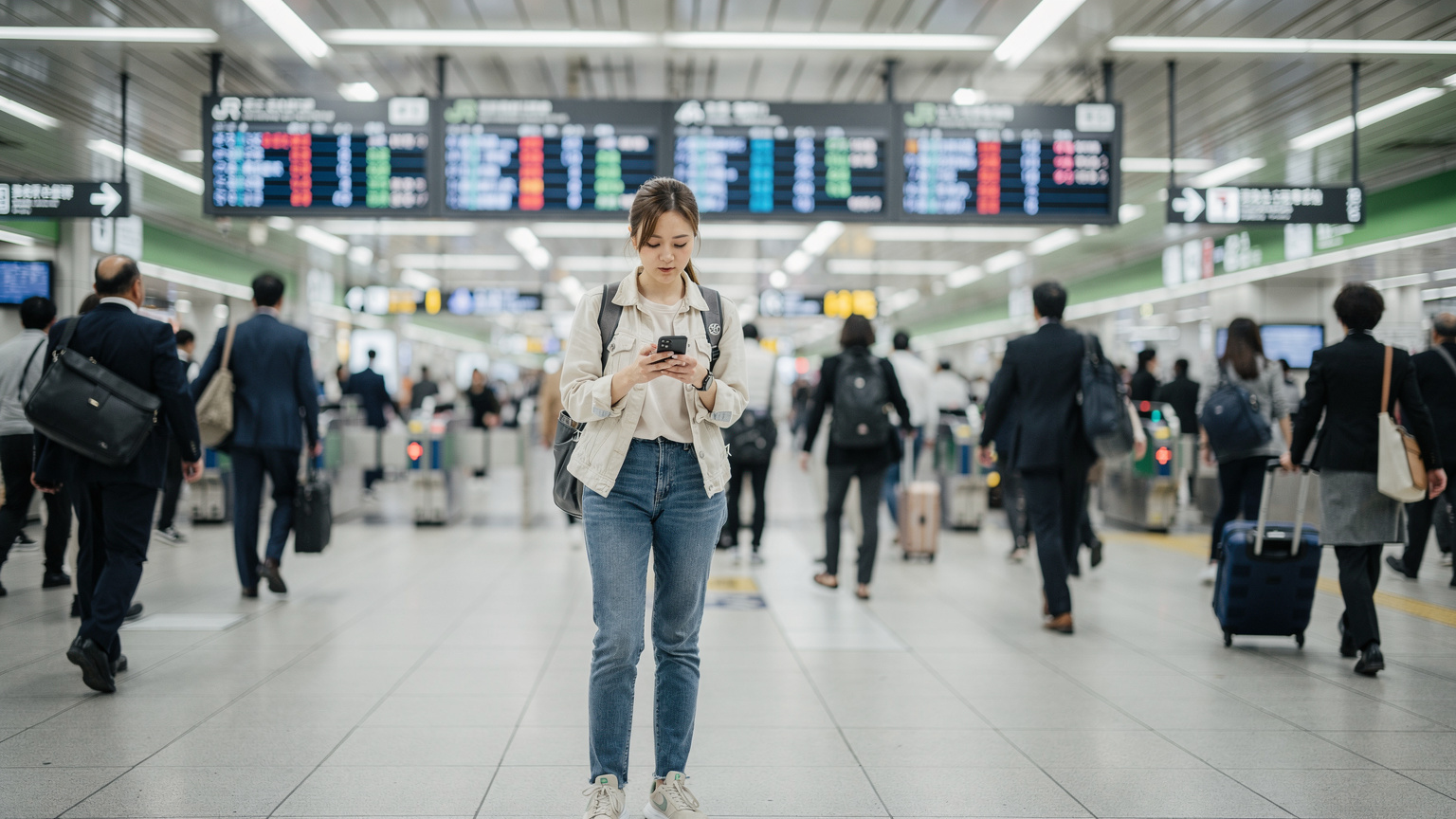 Japonya'da Shinjuku İstasyonu'nda yoğun saatlerde, bir turist telefonundan eSIM kurulumu yapmaya çalışıyor, yüzünde hafif bir endişe var.