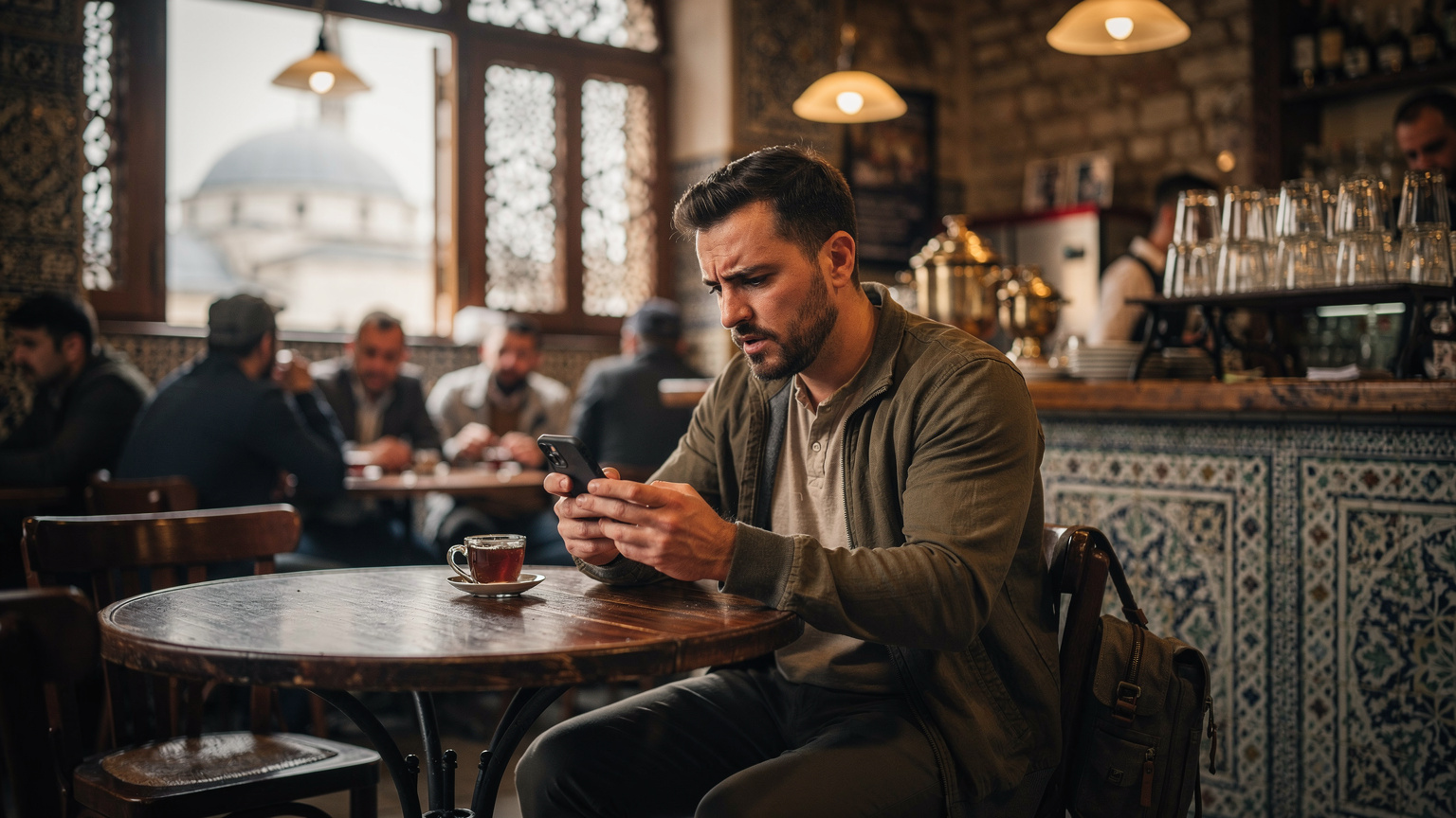 Ein Reisender sitzt in einem überfüllten Café in Istanbul, hält sein Smartphone und blickt besorgt auf den Bildschirm, während er versucht, eine sichere Internetverbindung herzustellen. Im Hintergrund sind undeutlich andere Café-Besucher und lokale Architektur zu erkennen.