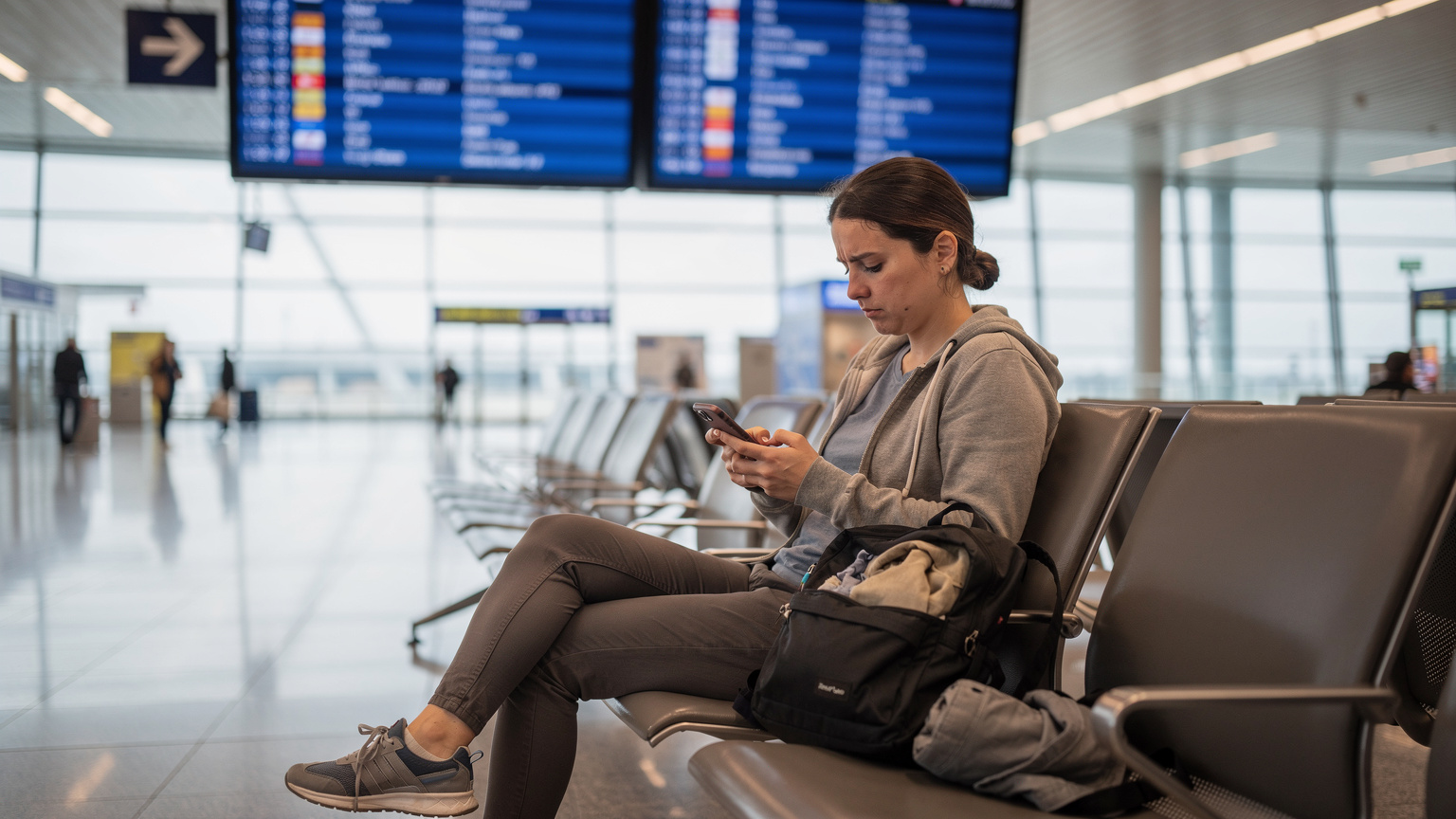 Eine Person sitzt an einem Flughafen-Gate in München und versucht, über ihr Smartphone eine eSIM zu aktivieren, während sie leicht frustriert dreinblickt, da die Verbindung nicht sofort hergestellt wird. Im Hintergrund ist eine Abflugtafel zu sehen.