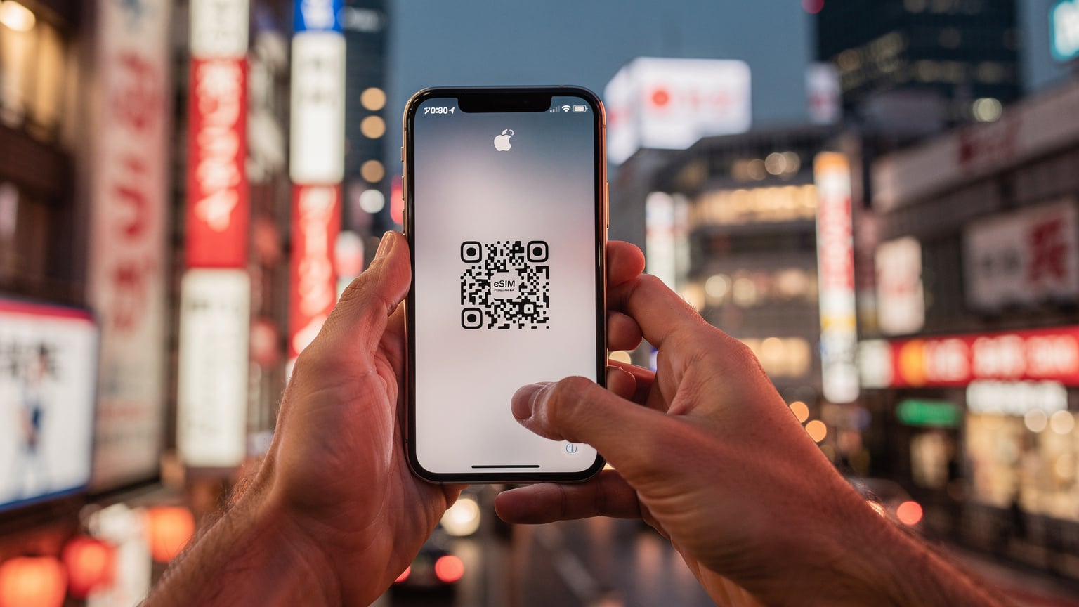 Une personne active son forfait eSIM en scannant un QR code sur son iPhone, avec en arrière-plan flou la Skyline de Tokyo, illuminée au crépuscule. L'action est rapide et sans effort.