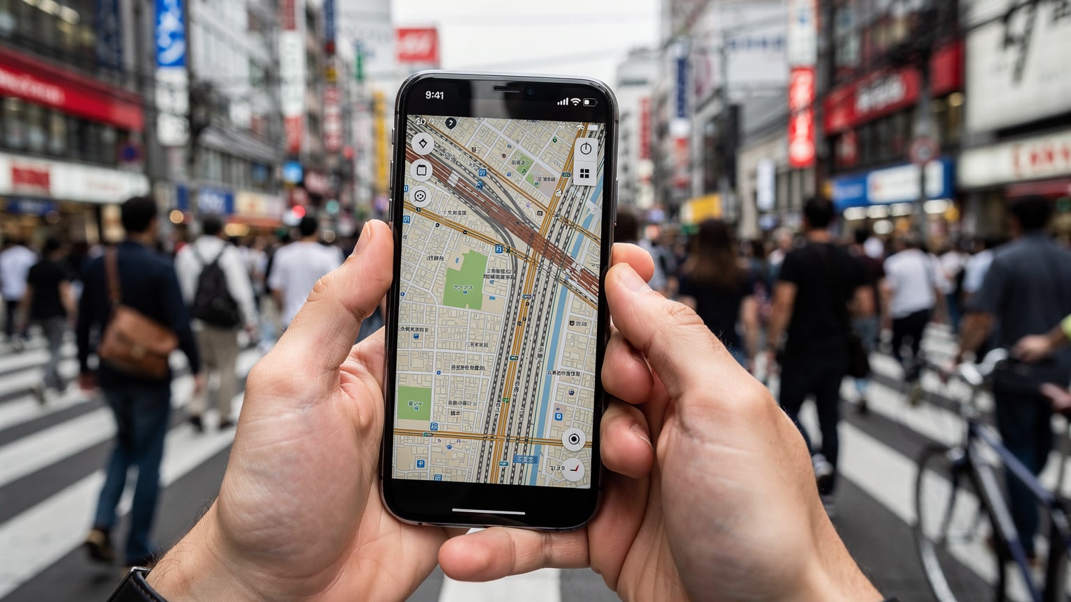 Un smartphone affichant une application de cartographie hors ligne (Google Maps) avec une zone de Tokyo téléchargée, tenu par des mains d'homme. L'arrière-plan flou montre une rue animée de Shinjuku.