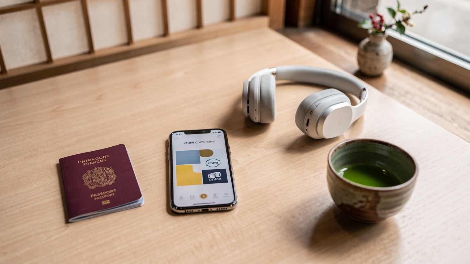 Vue d'ensemble d'un bureau de travail nomade bien organisé avec un smartphone affichant un écran de confirmation eSIM, un passeport français, des écouteurs et une tasse de thé vert. Le tout est posé sur une table en bois clair d'un café japonais.