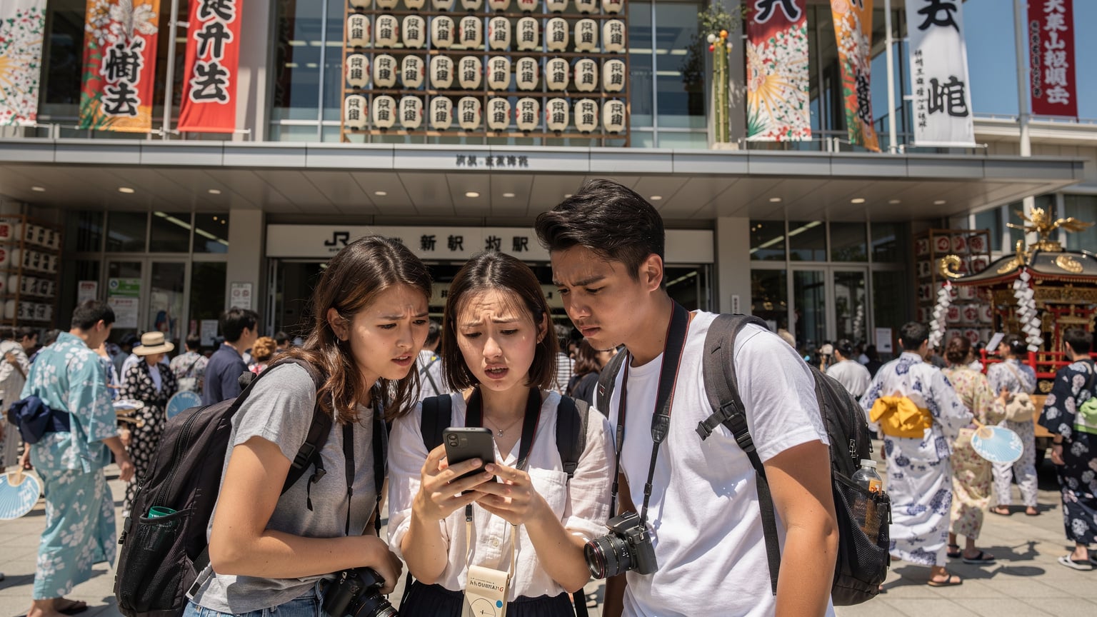 Un groupe de jeunes amis, l'air un peu perdus et cherchant des informations sur leur smartphone, se trouve devant une gare animée de Kyoto pendant le Gion Matsuri, avec des banderoles colorées et une foule dense.