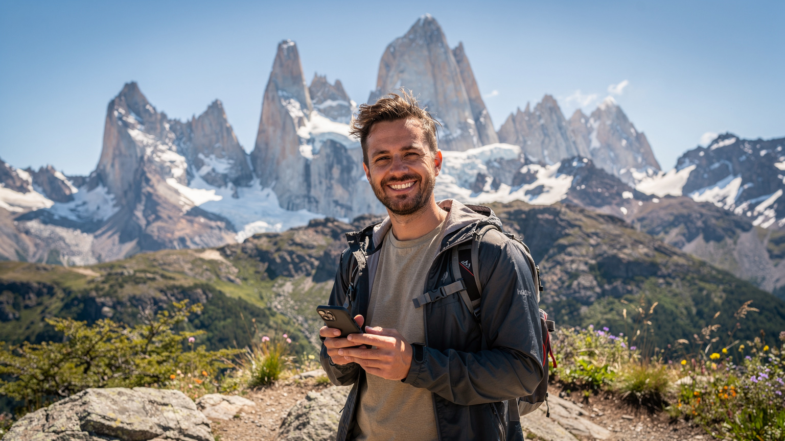 Um viajante sorrindo para a câmera enquanto segura um smartphone, com a icônica paisagem de El Chaltén, Patagônia Argentina, ao fundo.