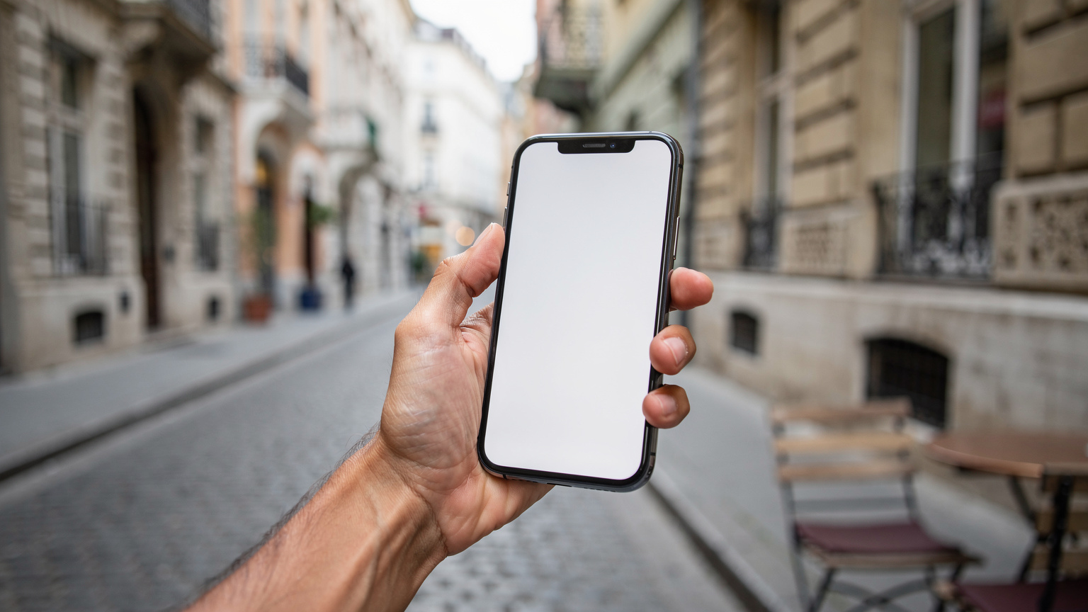 Uma mão segurando um smartphone, com o polegar navegando por um aplicativo de mapas, ao fundo, um cenário de rua europeia com edifícios históricos.