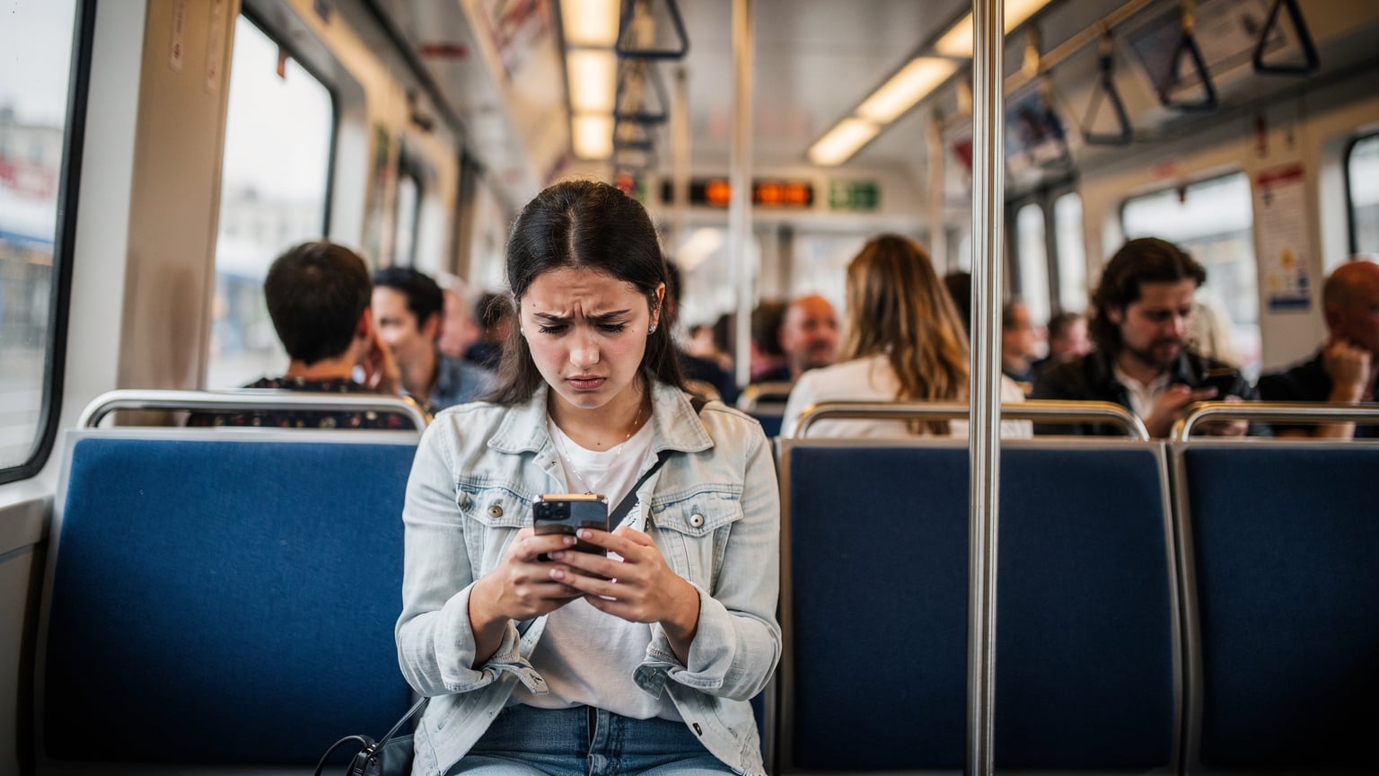 Eine Person sitzt in einem überfüllten U-Bahn-Waggon der MVG in München, blickt auf ihr Smartphone und versucht, eine Verbindung herzustellen, während sie besorgt dreinschaut.