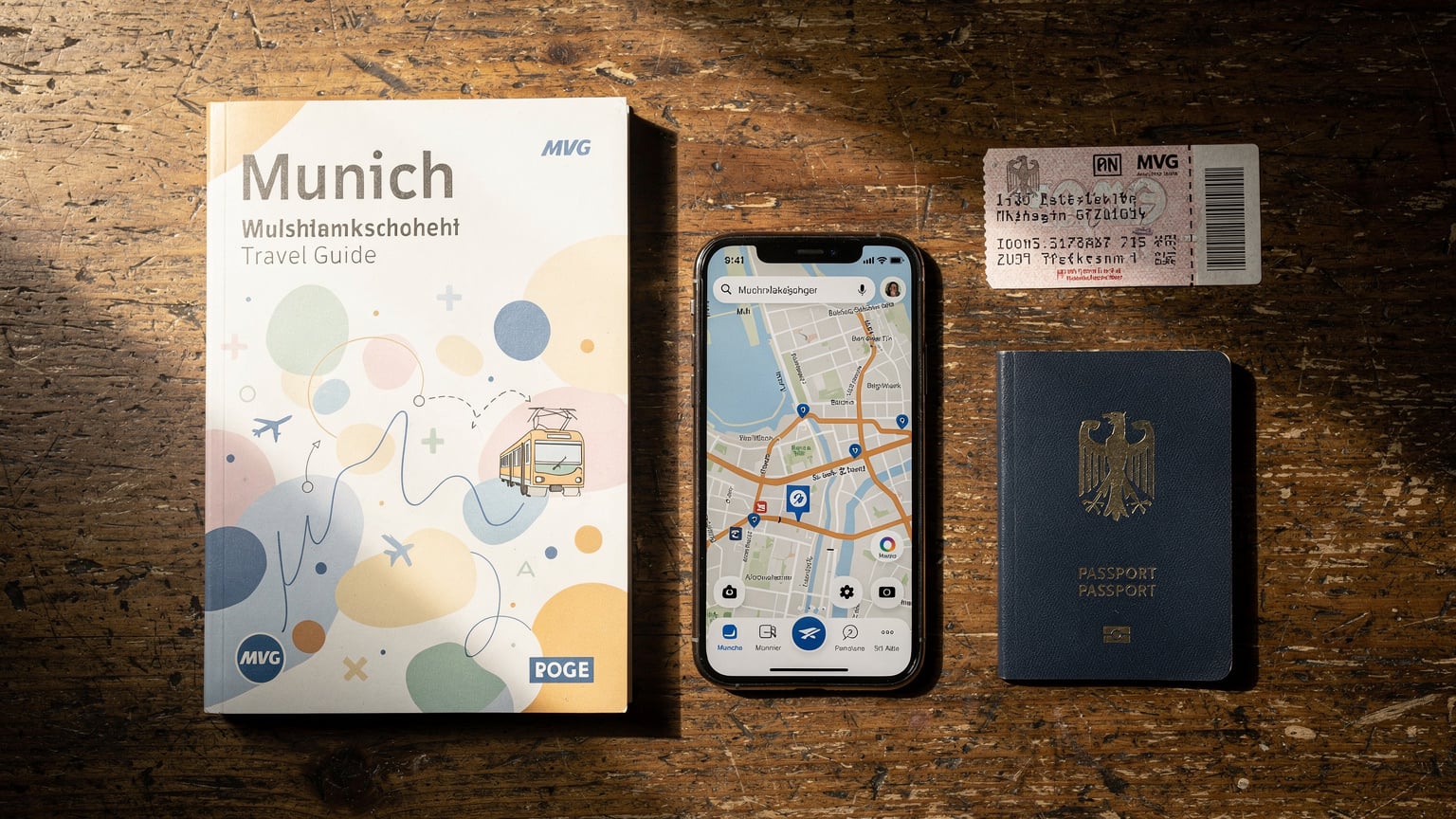 Ein Overhead-Flat-Lay-Arrangement zeigt einen Reiseführer von München, ein Smartphone mit einer geöffneten Karten-App, eine Fahrkarte der MVG und einen Pass. Der Hintergrund ist eine alte Holztischplatte.