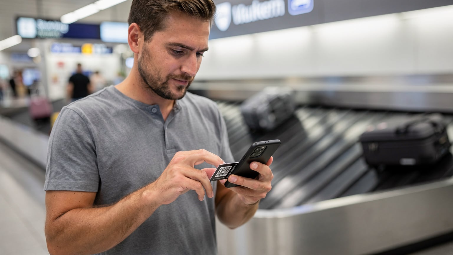 Ein Reisender scannt einen QR-Code auf seinem Smartphone, um eine eSIM zu aktivieren, während er am Flughafen München auf sein Gepäck wartet.