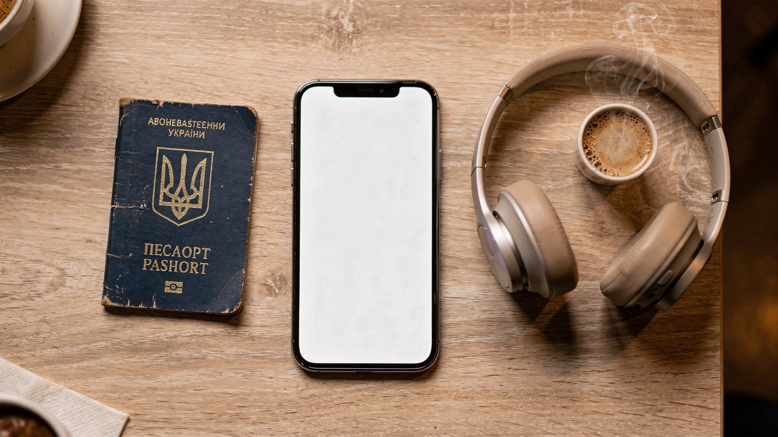 На столі: смартфон з активним екраном, паспорт, навушники та чашка кави, що символізує подорож та зв'язок.