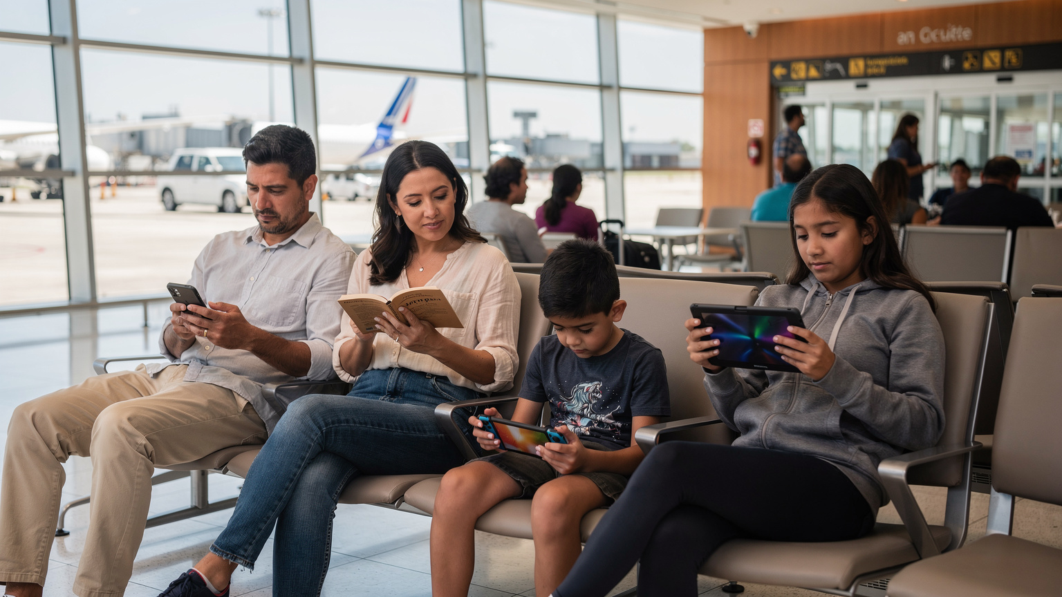 Una familia joven, con padres e hijos, sentada cómodamente en el área de embarque de un aeropuerto latinoamericano moderno, cada uno con su propio dispositivo (teléfono, tablet, Nintendo Switch), todos conectados y entretenidos antes de un vuelo durante las Fiestas Patrias.