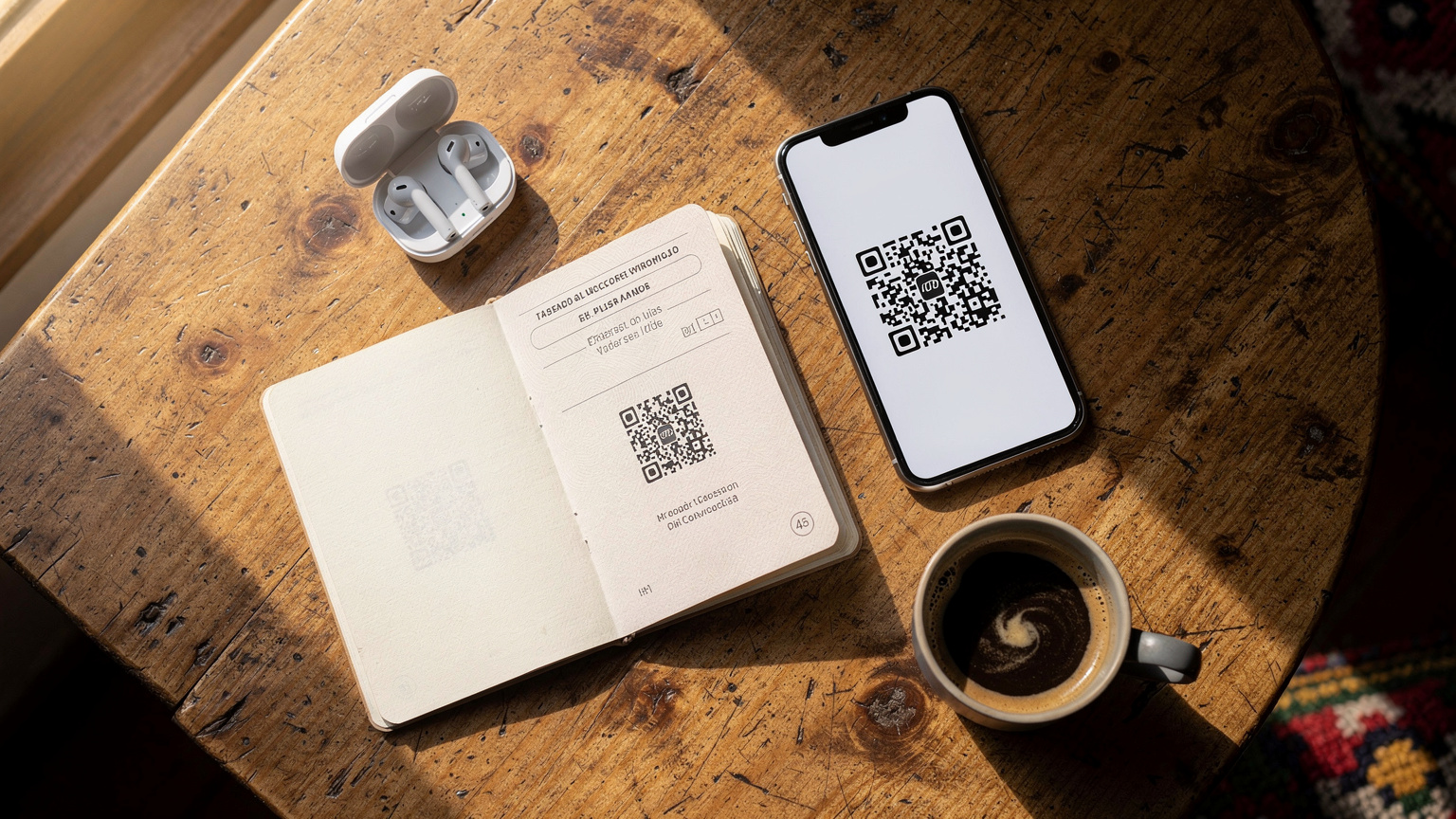 Vista cenital editorial de una mesa de café con un pasaporte abierto, un teléfono móvil mostrando un código QR de eSIM, unos auriculares inalámbricos y una pequeña taza de café local de Colombia, implicando preparación de viaje.