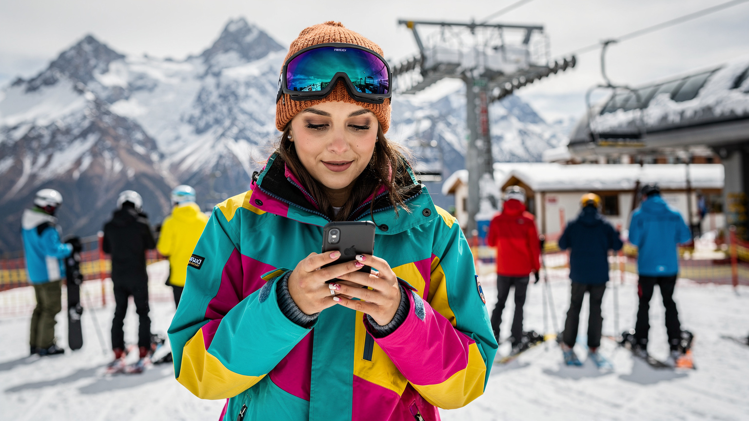 Una mujer con gorro de esquí y gafas de sol revisa su teléfono mientras espera en la fila de un telesilla, con montañas nevadas de fondo.