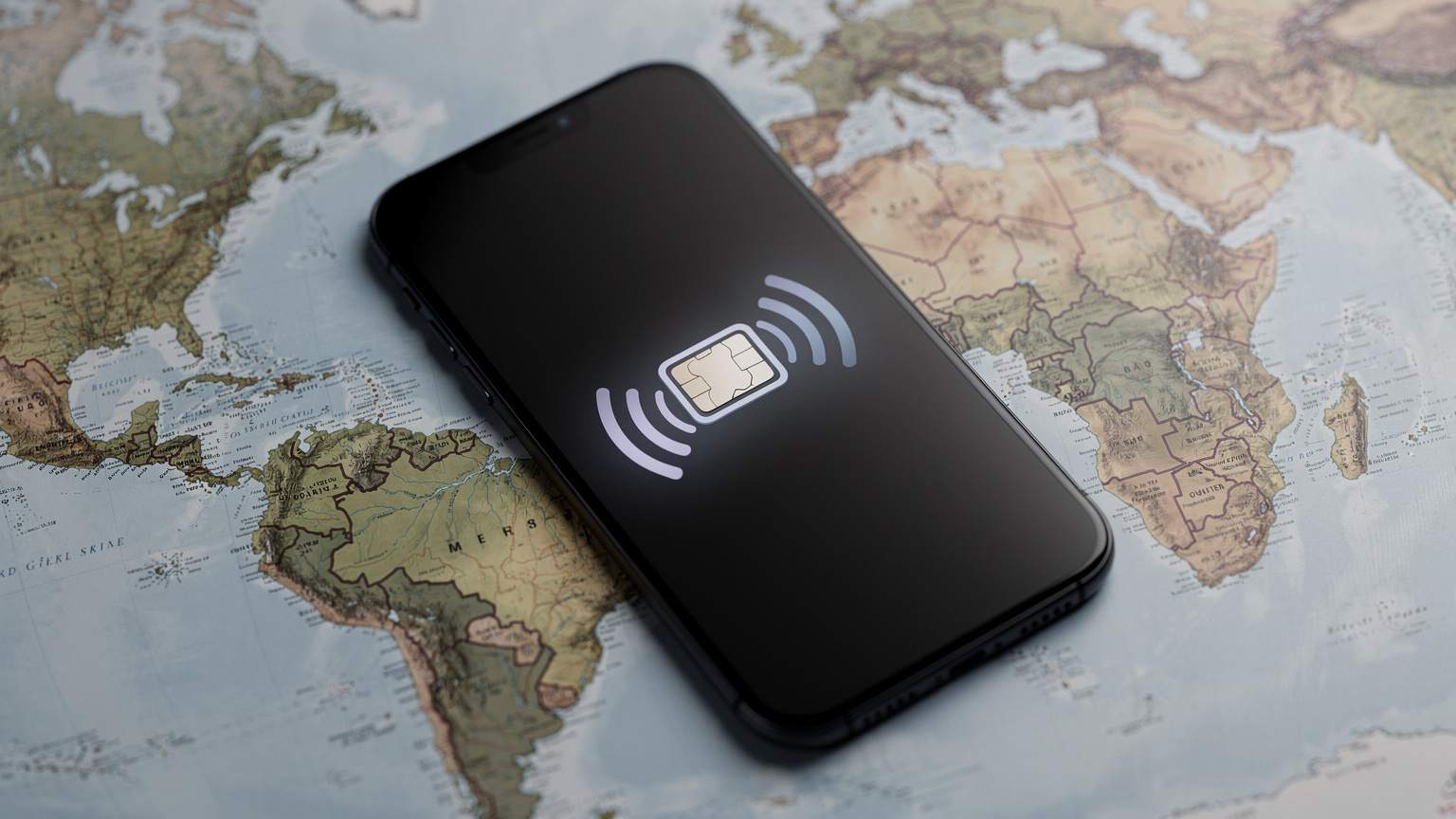 Un smartphone moderno con un icono de eSIM estilizado en la pantalla, sobre un mapa del mundo ligeramente desenfocado, simbolizando la conectividad global y sin fronteras.