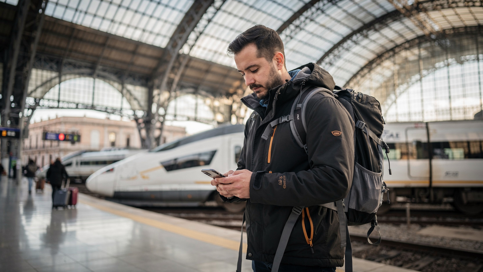 Un viajero con mochila y chaqueta de invierno mira su teléfono mientras espera en un andén de tren en la estación de Atocha en Madrid.