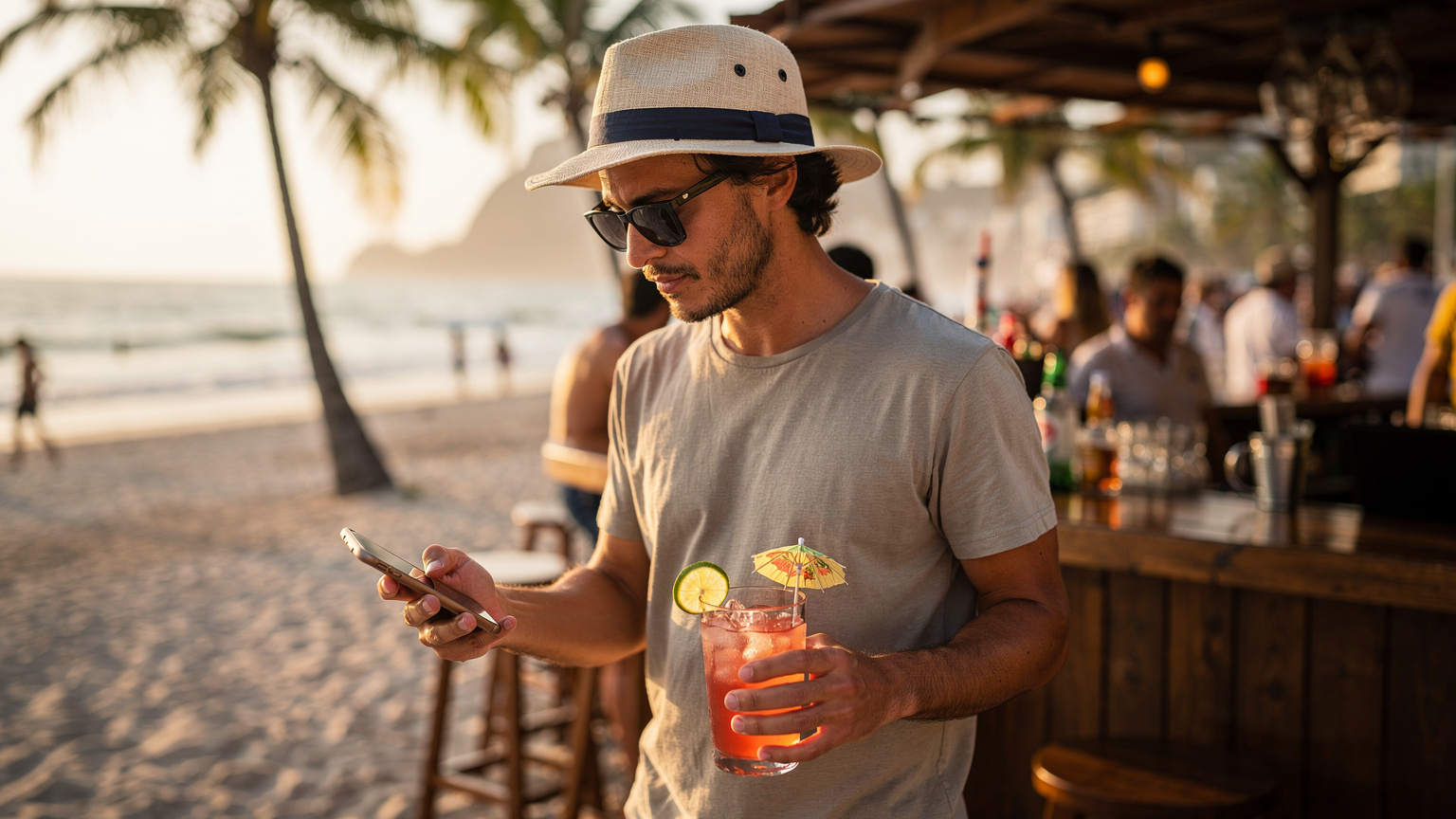 Un hombre con gafas de sol y gorra mira su teléfono para consultar un mapa mientras sostiene un cóctel en un chiringuito junto al mar en la playa de Copacabana, Río de Janeiro.