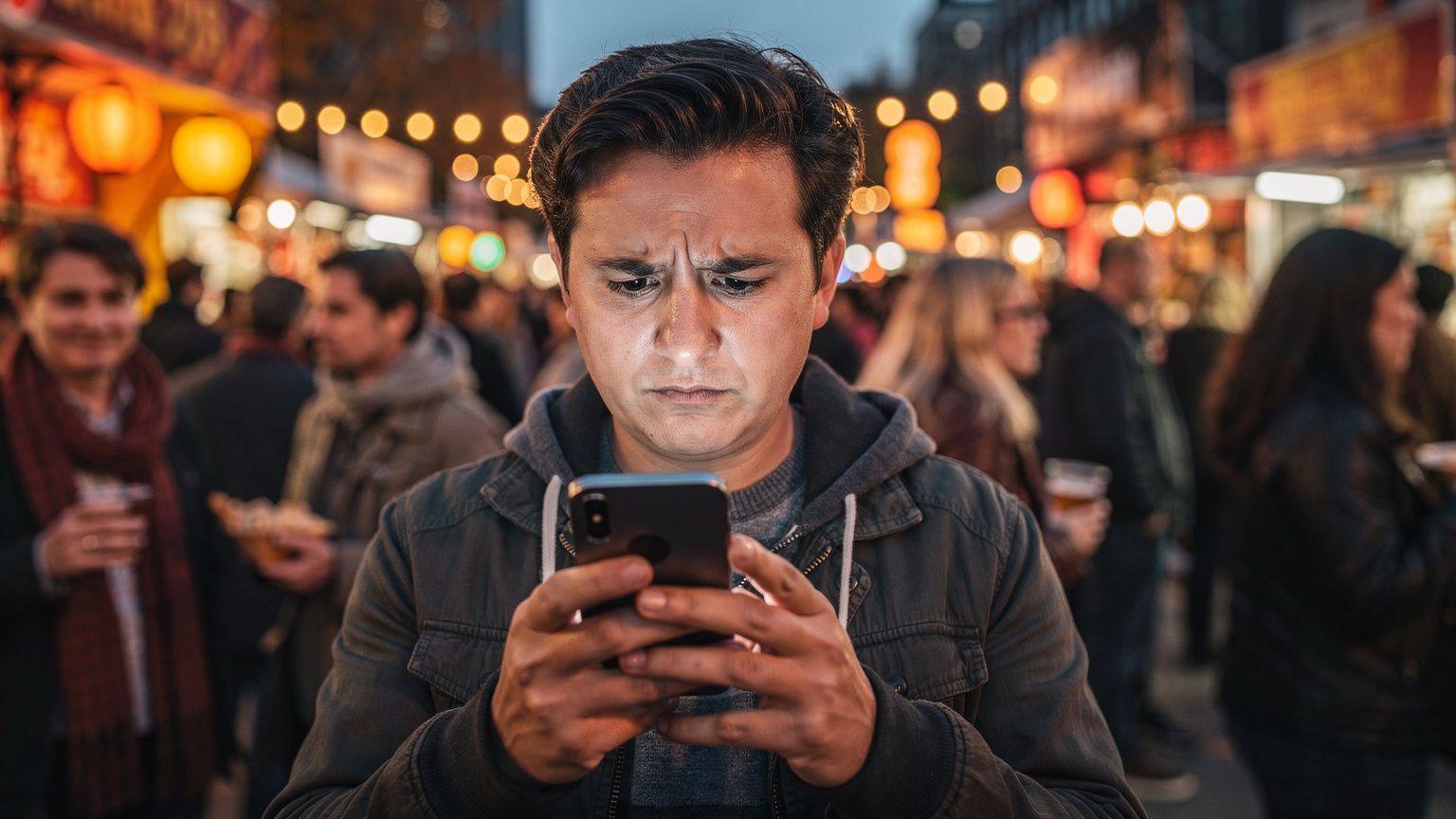 A traveler looks at their phone screen with a slight frown, indicating connection issues, while standing in a dense crowd at a lively street festival. This captures a common frustration for festival-goers.
