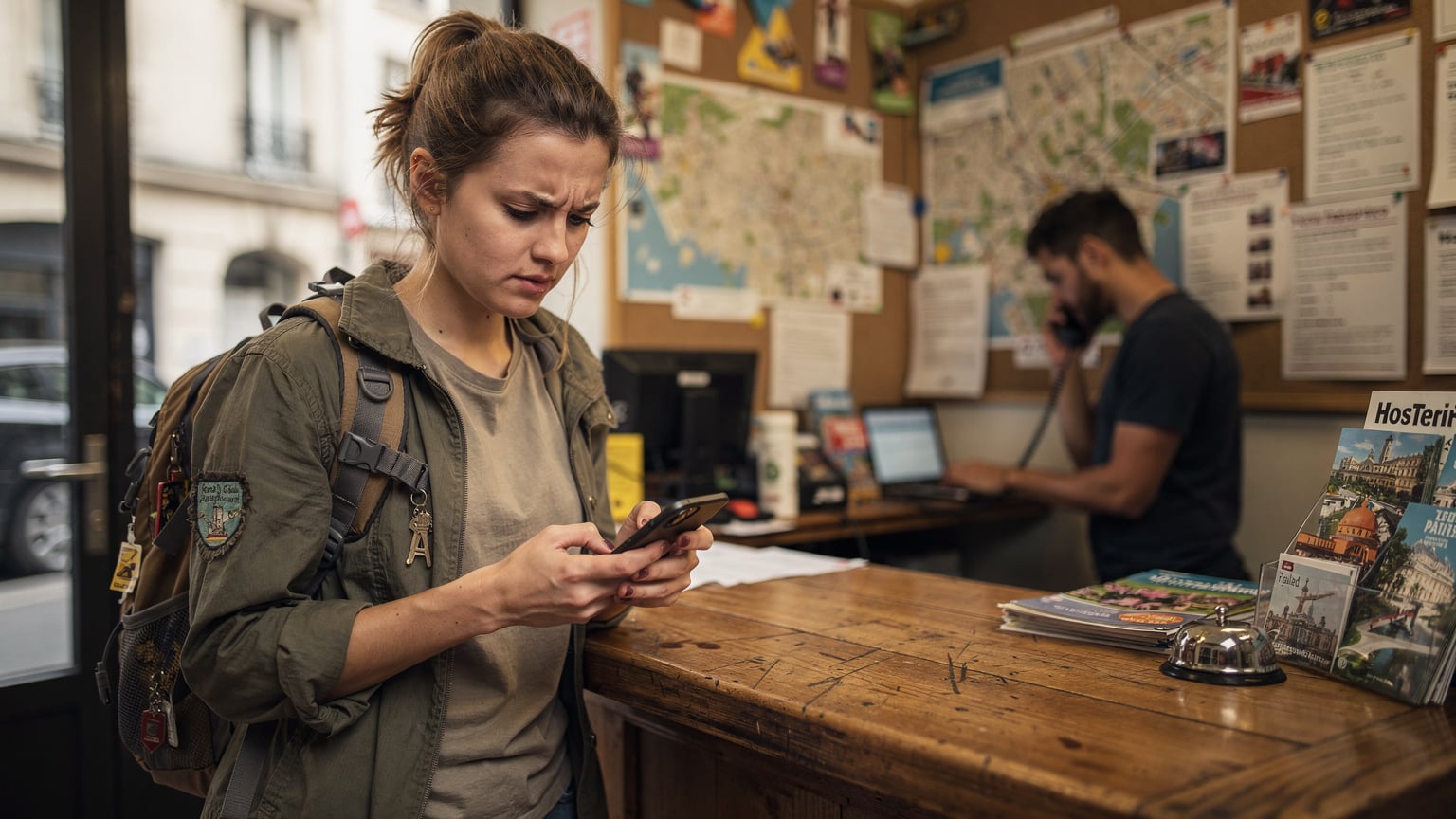 Bir sırt çantalı gezgin, Paris'teki bir hostel resepsiyonunda Wi-Fi bağlantı sorunu yaşıyor.