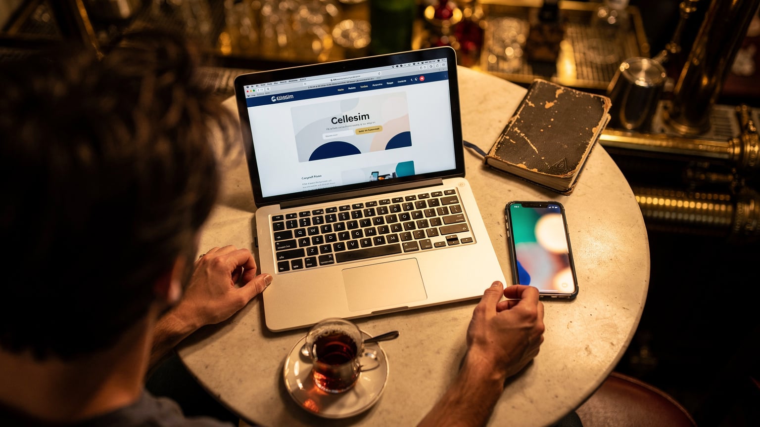 Bir seyahat blog yazarı, Paris'teki bir kafede dizüstü bilgisayarında Cellesim'in web sitesini ve eSIM paketlerini inceliyor.