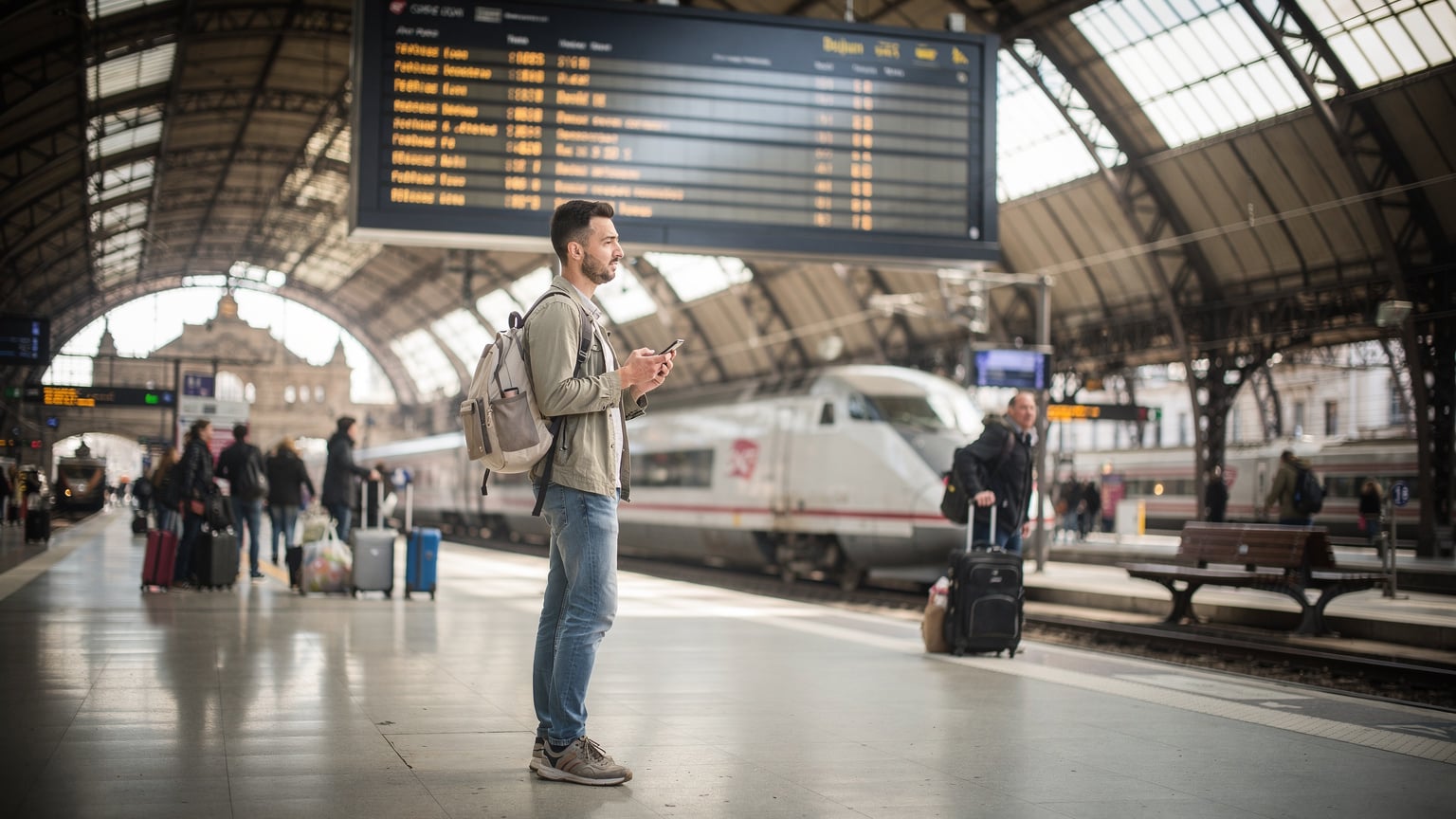 Bir gezgin, Paris'te bir tren istasyonunda, perondaki dijital ekrana bakarak tren saatlerini kontrol ediyor, elinde akıllı telefonuyla yolculuk planlarını sonlandırıyor.