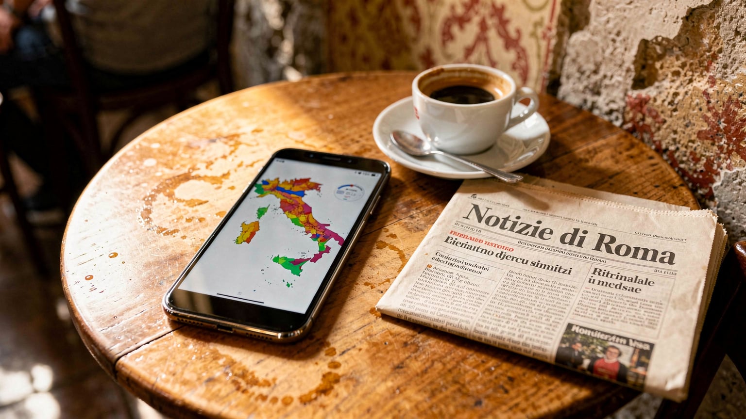 Ein Smartphone zeigt die Netzabdeckungskarte Italiens, während es auf einem Tisch neben einer Espresso-Tasse und einer traditionellen italienischen Zeitung liegt, die Szene in einem römischen Café.