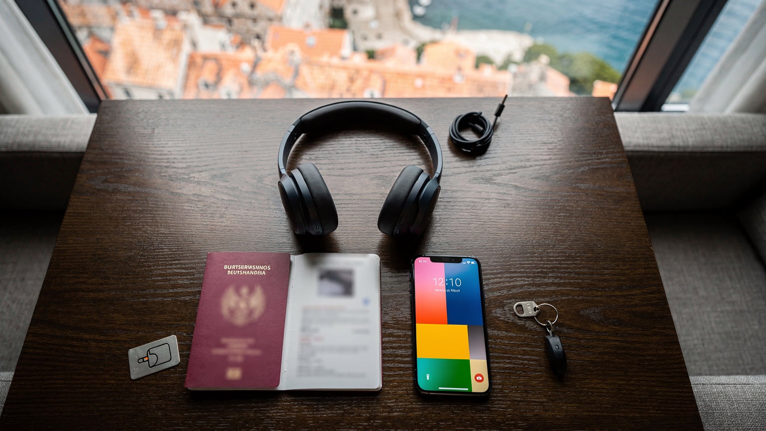 Ein Reisepass, ein Smartphone mit der Cellesim-App auf dem Bildschirm und ein Paar Kopfhörer liegen auf einem Tisch in einem stilvollen Hotelzimmer in Dubrovnik, Kroatien, mit Meerblick.