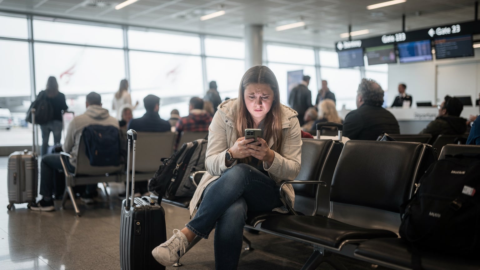 Eine junge Frau sitzt in einem überfüllten Flughafen-Gate in Venedig, schaut besorgt auf ihr Smartphone und versucht, eine Verbindung herzustellen, mit einem gestressten Gesichtsausdruck.