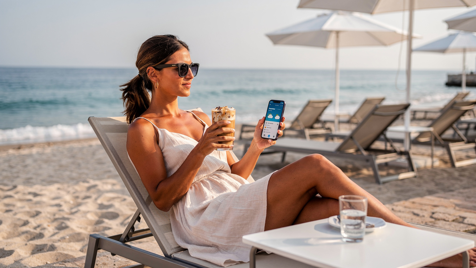 Una donna italiana sorseggia un caffè freddo in un lido sulla spiaggia, controllando il telefono con una connessione fluida grazie all'eSIM, godendosi il relax di Ferragosto.