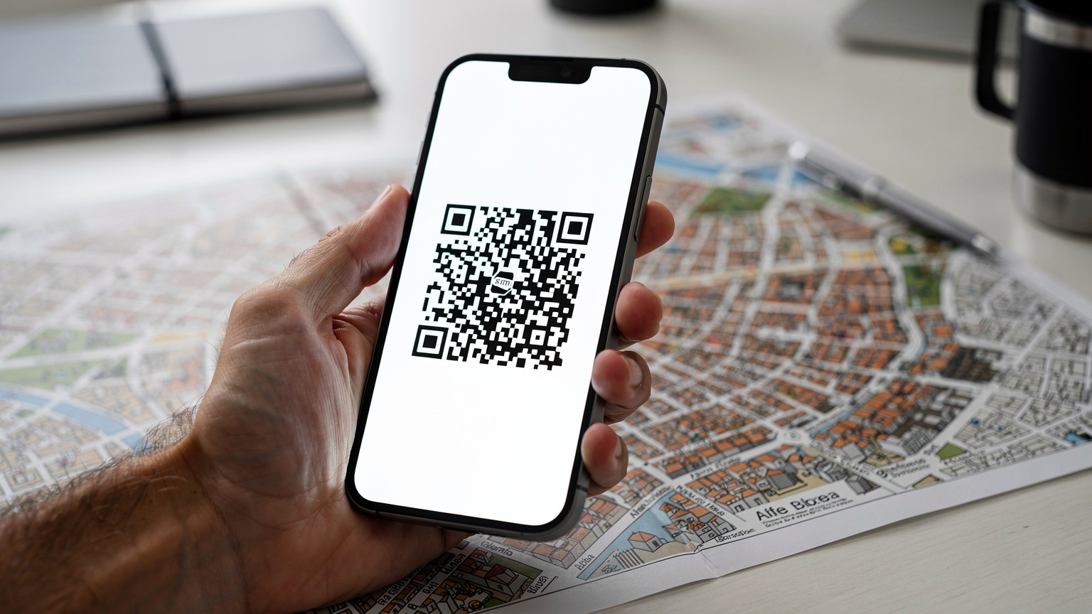 O mână masculină folosește un smartphone cu un ecran luminos pentru a scana un cod QR de activare eSIM, cu o hartă a Lisabonei pe fundal, într-un cadru de birou curat și modern.