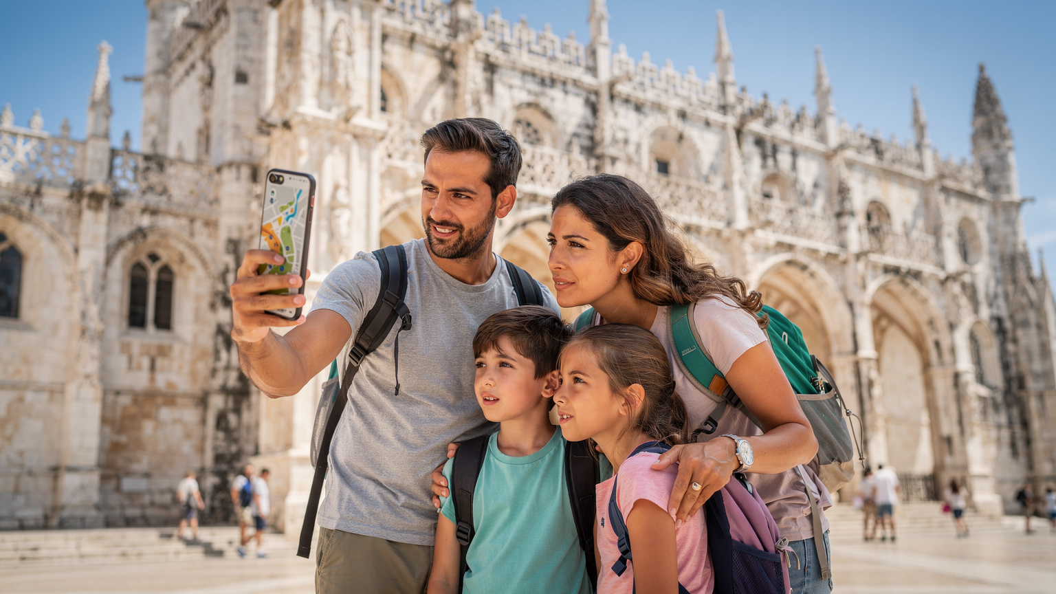 O familie de turiști, doi adulți și doi copii, consultă o hartă digitală pe un smartphone în fața Mănăstirii Jerónimos din Lisabona, cu rucsacuri de zi și expresii de curiozitate.