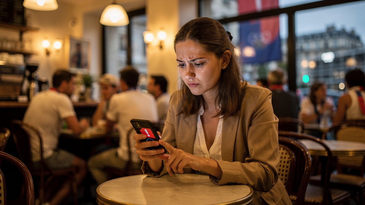 Cestovatelka se s lehkou frustrací dívá na svůj telefon, který ukazuje chybu připojení k síti, zatímco sedí v přeplněné kavárně v Paříži během Olympijských her.